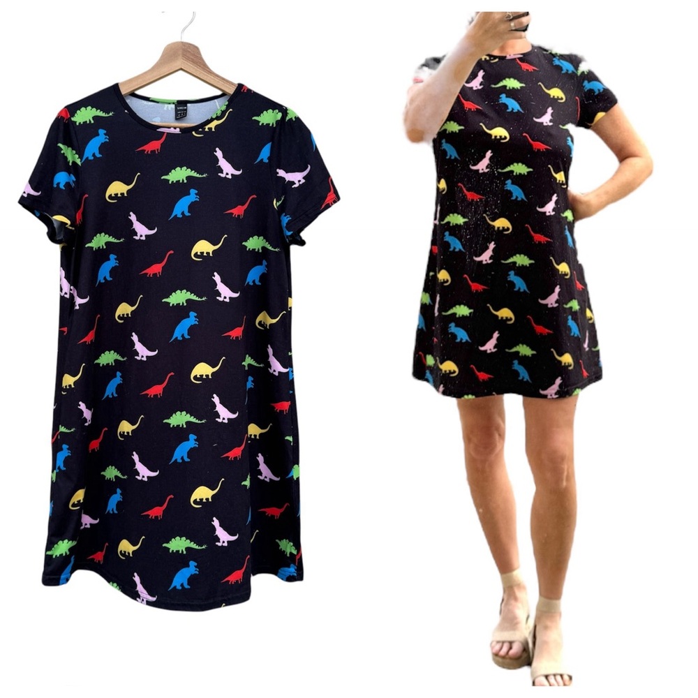 SHEIN dinosaur print dress a-line tee shirt t-shirt black rainbow short sleeve M